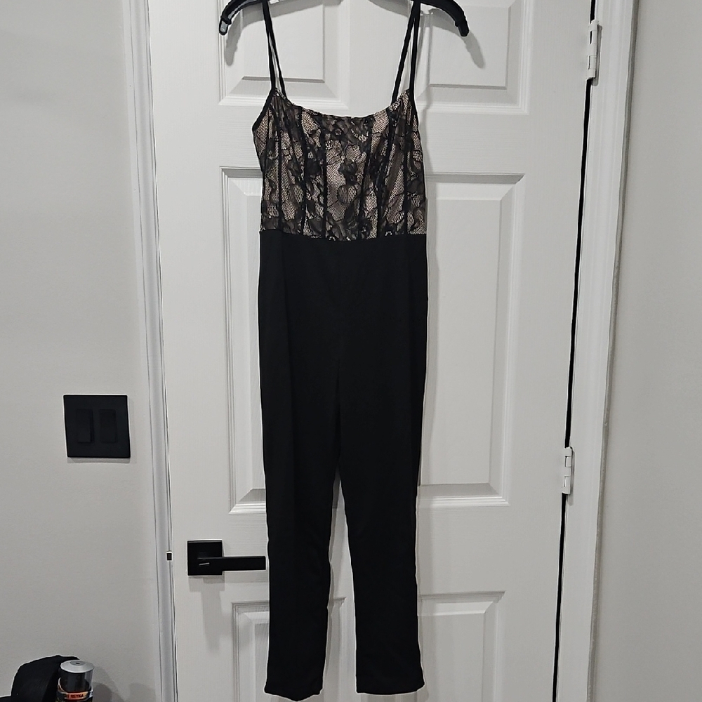 Lace-Trim Black Jumpsuit with Nude Lining